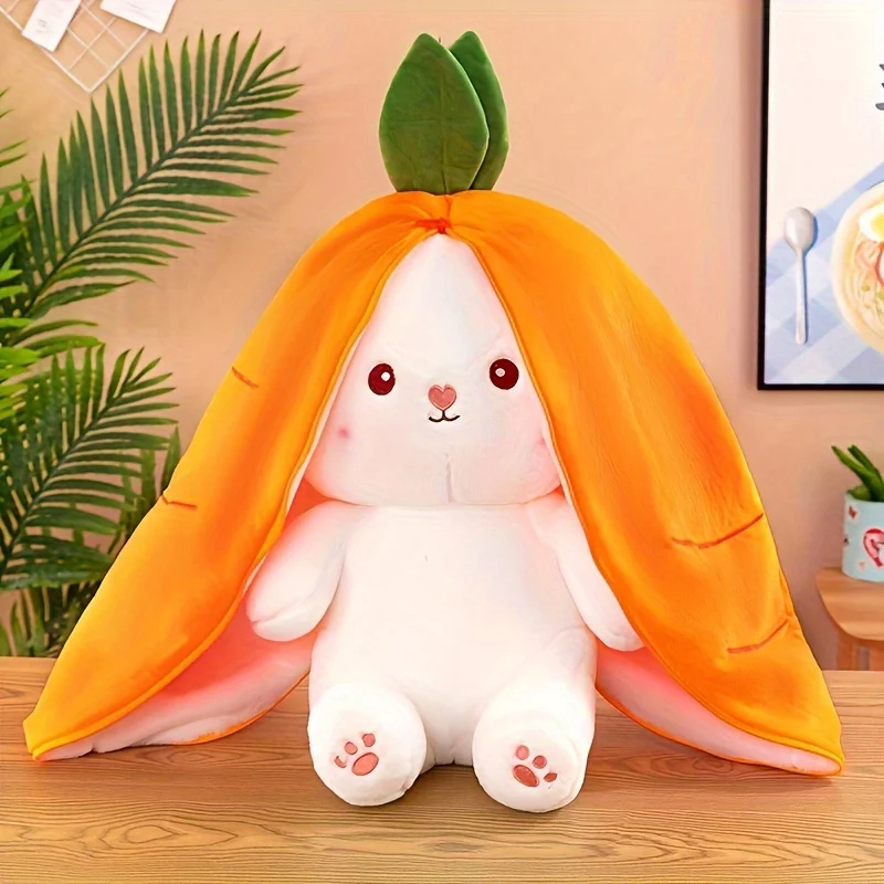 Bunny Stuffed Animal,Reversible Carrot Strawberry Bunny Plush Doll With Zipper Cute Soft Rabbit Toys Pillow Decoration 35cm