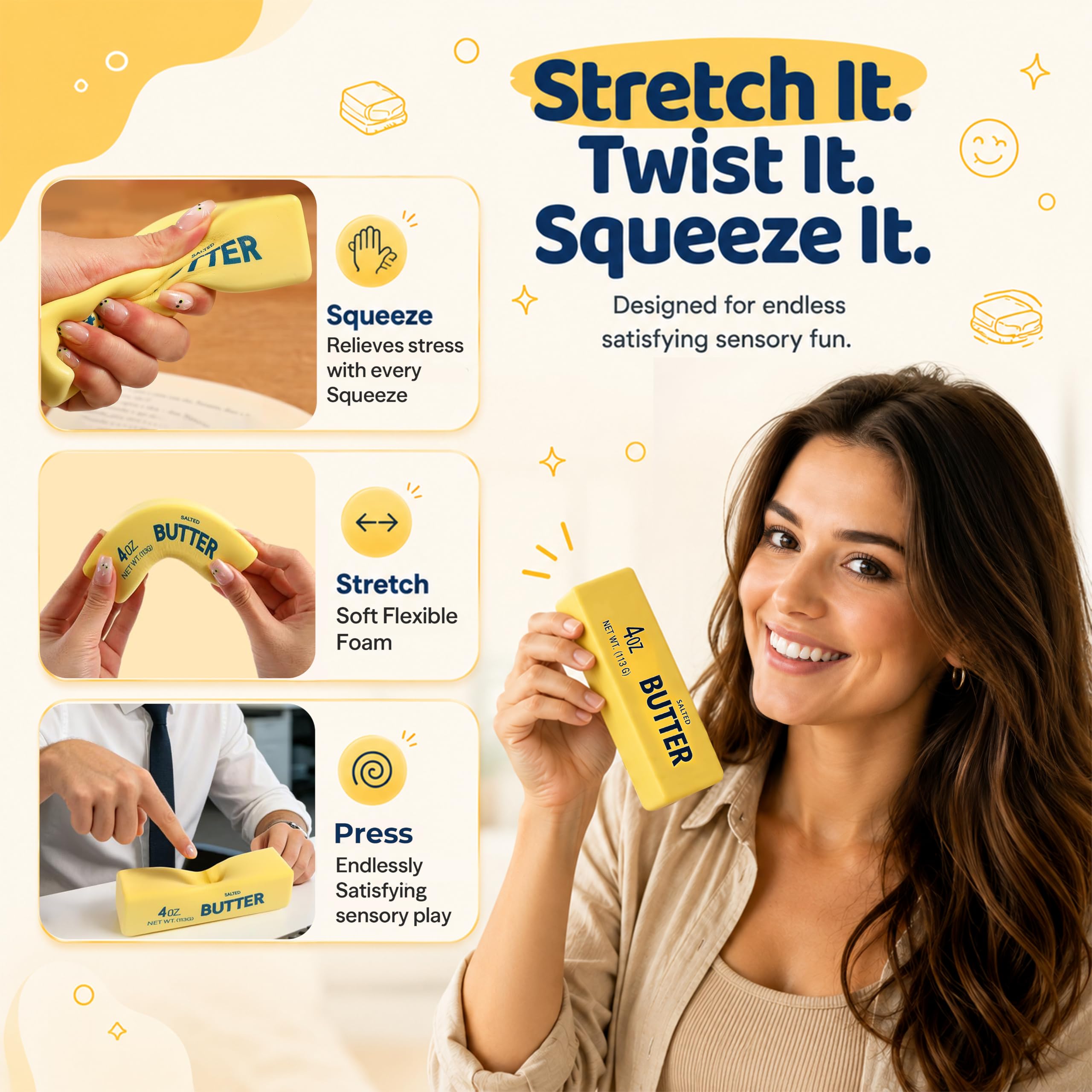 Butter Squishy Stick Fidget Toy Slow Rising Pu Foam Butter Squeeze Soft Sensory Stress and Anxiety Relief Toy