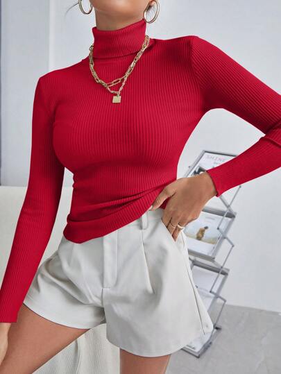 Womens Turtleneck Ribbed Knit Sweater