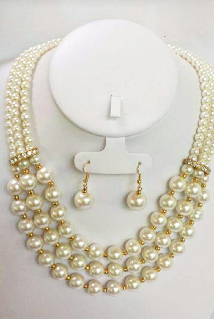 Multilayer New Fashion Pearl Mala  Multilayer Pearl Mala Necklace For Women| Luxury Faux Pearl Necklace With Dangle Earrings For Girls| New Fashion Pearl 3 Layer Mala Necklace Set With Earrings| Wedding Accessories Jewelry