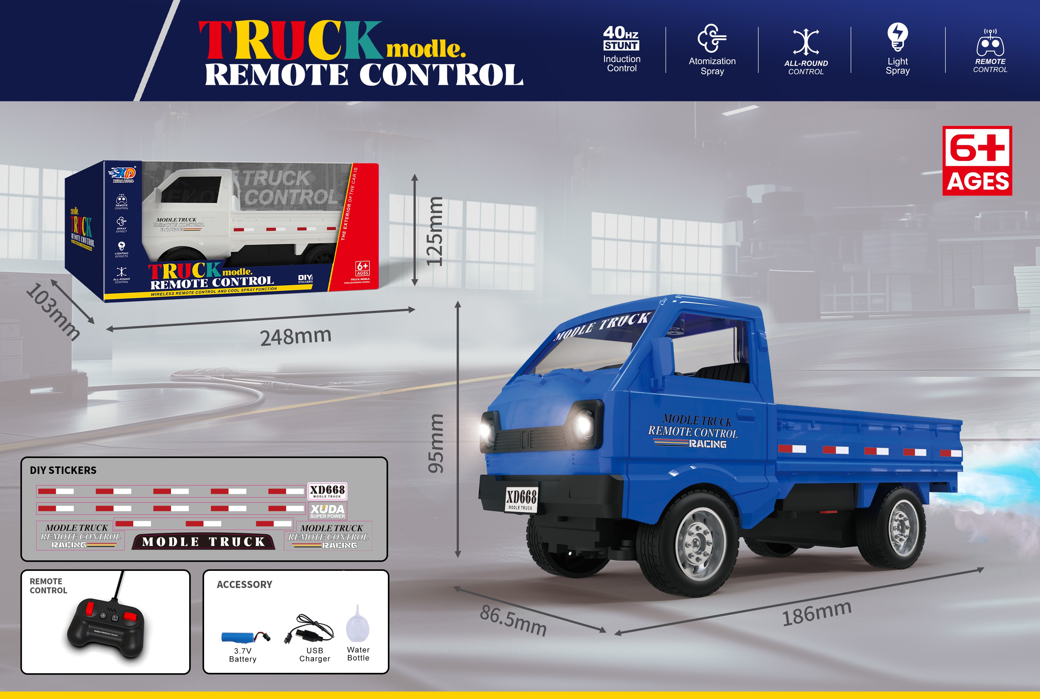 KIDDO KASTLE - 1:24 RC Suzuki Pickup Cargo Truck | 2.4GHz Remote Control Off-Road Drift & Climbing Truck with Mist Spray, LED Lights & 5-Channel Rechargeable RC Vehicle for Kids | Blue & White Assorted Colors