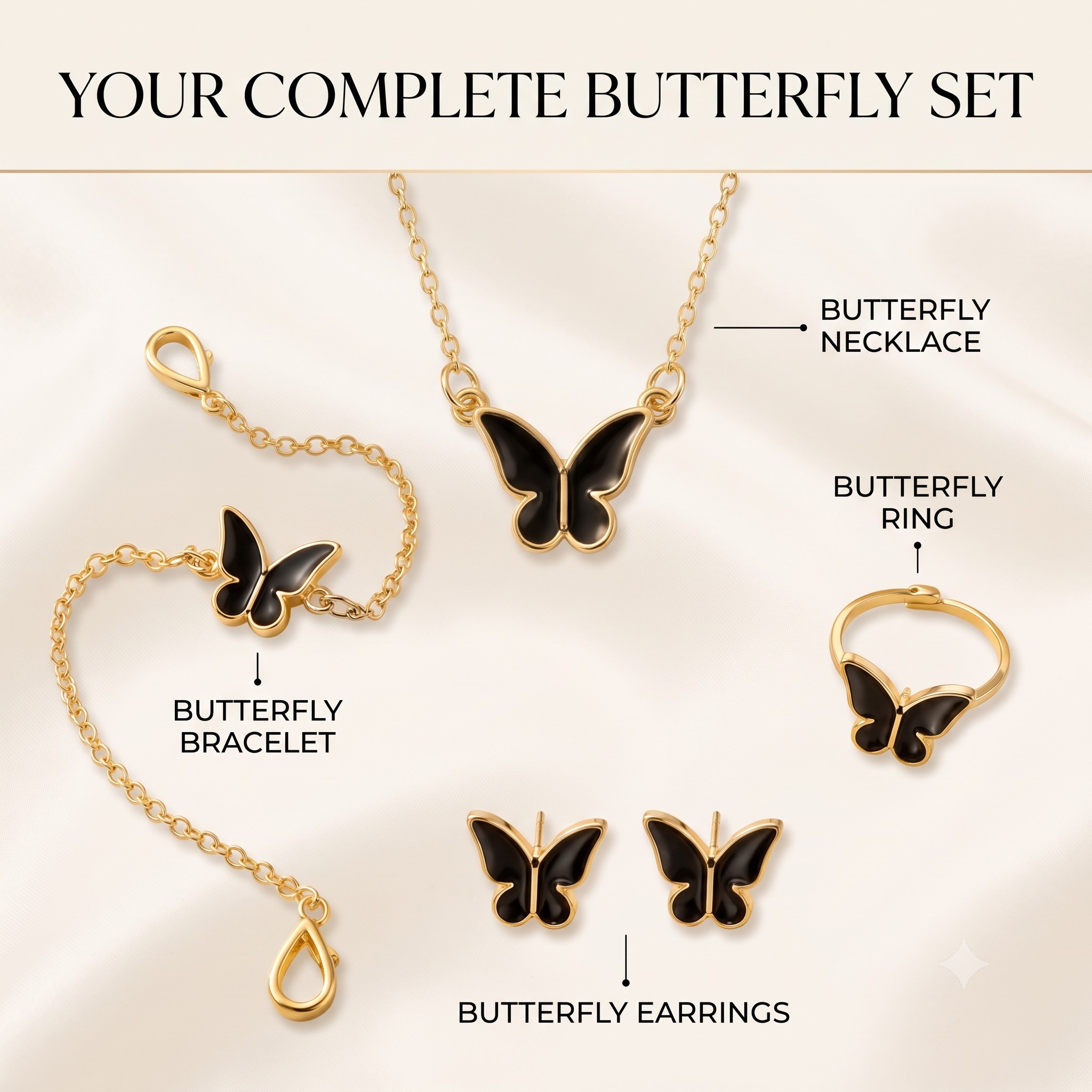 Butterfly Jewelry Set for Women | Black Butterfly Necklace Bracelet Ring & Earrings | Trendy Fashion Jewelry | Free Gift Earrings