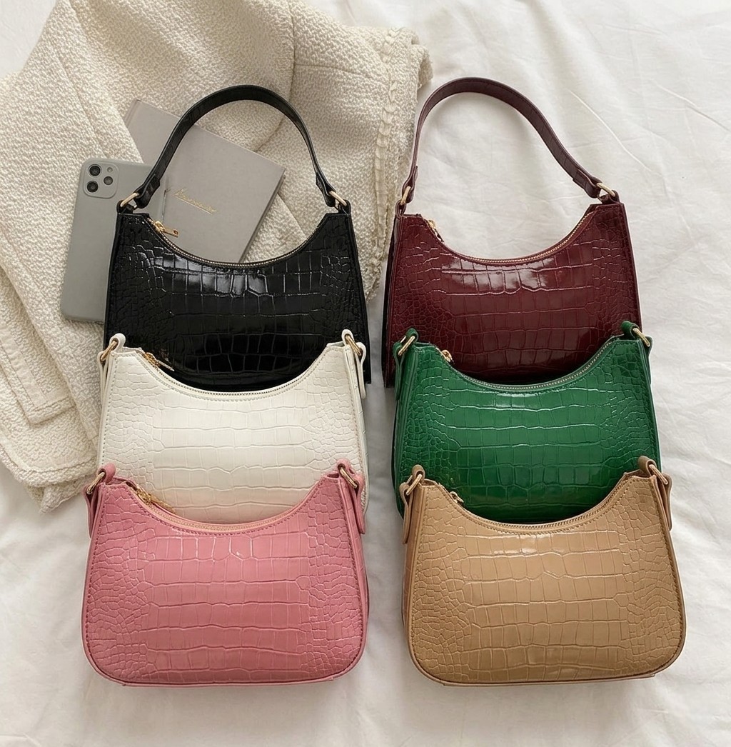 Premium Crocodile Pattern Shoulder Bag For Women - Fashion PU Leather Crocodile Texture Underarm Crescent Handbag - Elegant Girls Crocodile Print Small Shoulder Purse