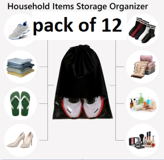 Portable Shoe Storage Organizer Bag Non Woven PVC Clear Window Travel Shoe Bag Black
