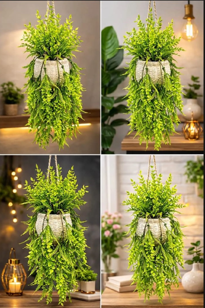 Artificial Hanging Plant with Decorative Pot – Home & Office Wall Hanging Green Plant Decor