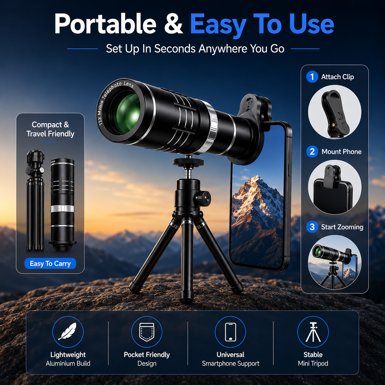 Zoom Lens For Mobile 12X HD Telephoto Lens Mobile Camera Lens With Stand Universal Clip On Zoom Lens For Photography Bird Watching Long Distance Shooting