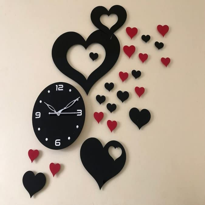 Heart Dil Dil Wooden Wall Clock Style Red and Black Heart Style Laser Cut Big and Small Dil Mix