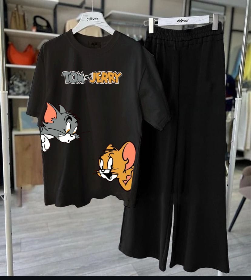 Tom & Jerry Cute Cartoon Printed Night Wear Premium Quality Women's & Kids' Nightwear – Stylish, Comfortable, and Soft Sleepwear Pajamas, Night Suits & Loungewear for All Seasons Adult Size S to XL & Kids Size 7 to 14 Years, Tees Pajama T-shirt Palazo