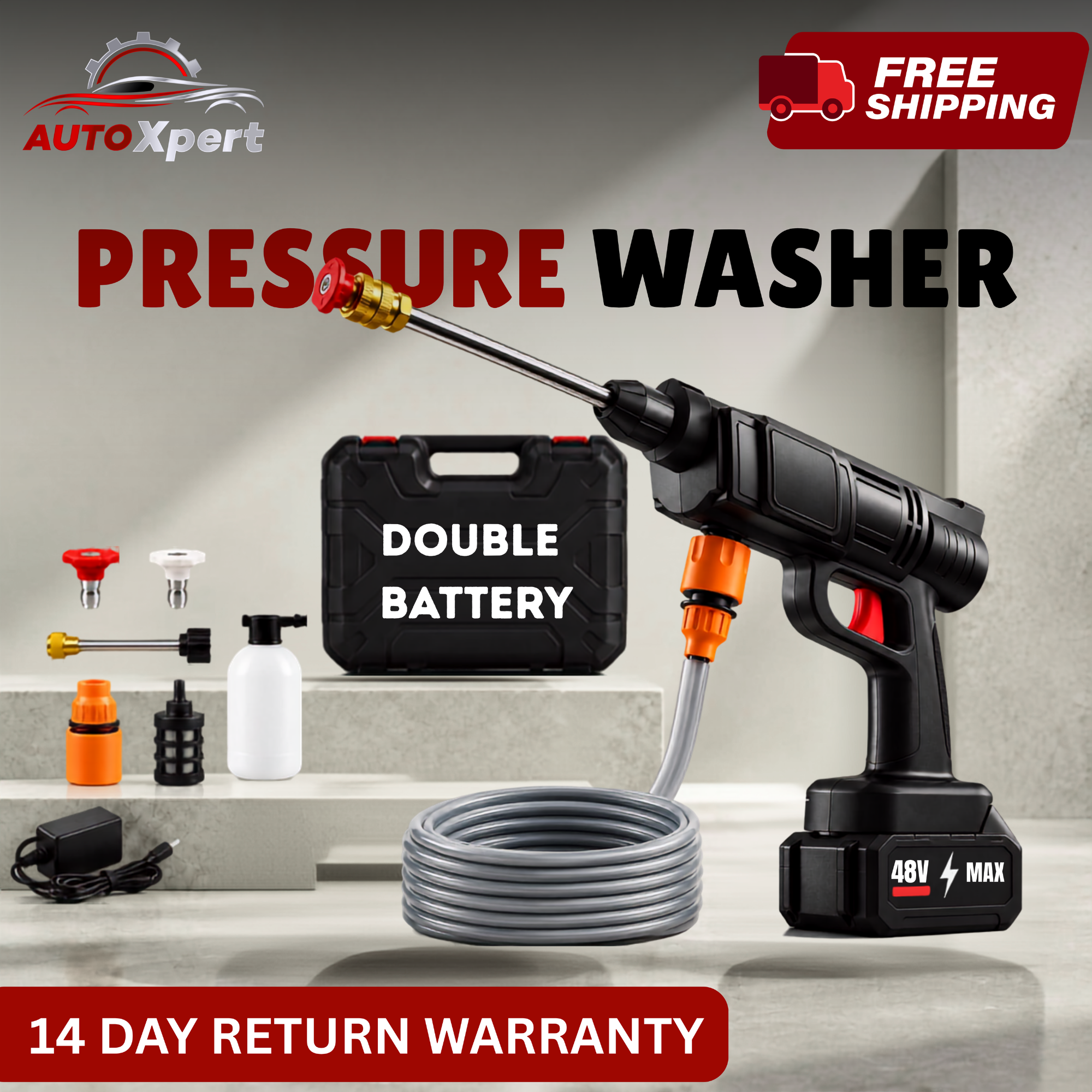 Autoxpert Portable Cordless High Pressure Washer Gun for Car Wash – Wireless Solar Pressure Washer Machine with Double Battery, Foam Spray Bottle, Water Pipe & Fast Charger - Powerful Car Washer Gun for Cars, Bikes, Home, Garden & Outdoor Cleaning