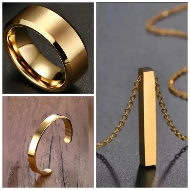 Combo Pack of 3 Golden Stick Bar Locket, Golden Challa & Golden Kara For Men & Boys