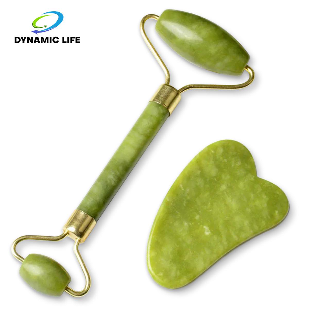 DL Natural Stone Jade Roller and GuaSha Set, Anti Aging Face Lift Jade Roller, Facial Beauty Tools, Massage Face Roller for Skin Care, Skin Relaxation Scraper Face Body Massager, Anti Wrinkle Roller for Neck and Eye Treatment