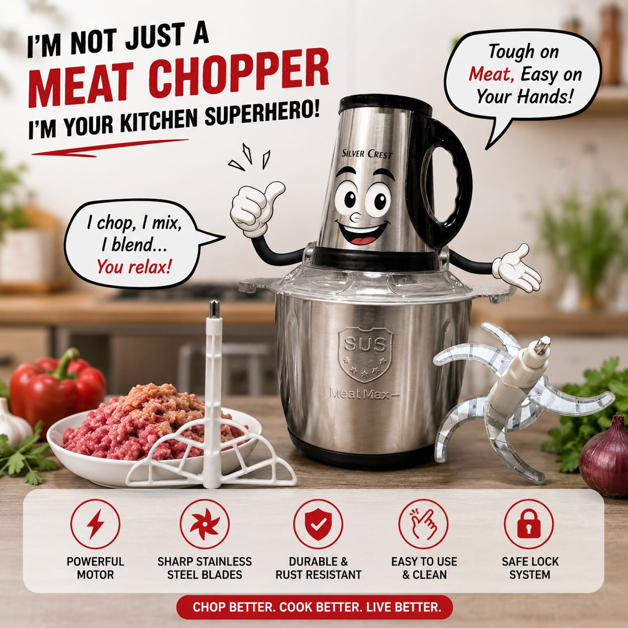 Silver Crest 3L Stainless Steel Electric Meat Chopper with Powerful 1500W Copper Motor and 6 Cutting Blades - New