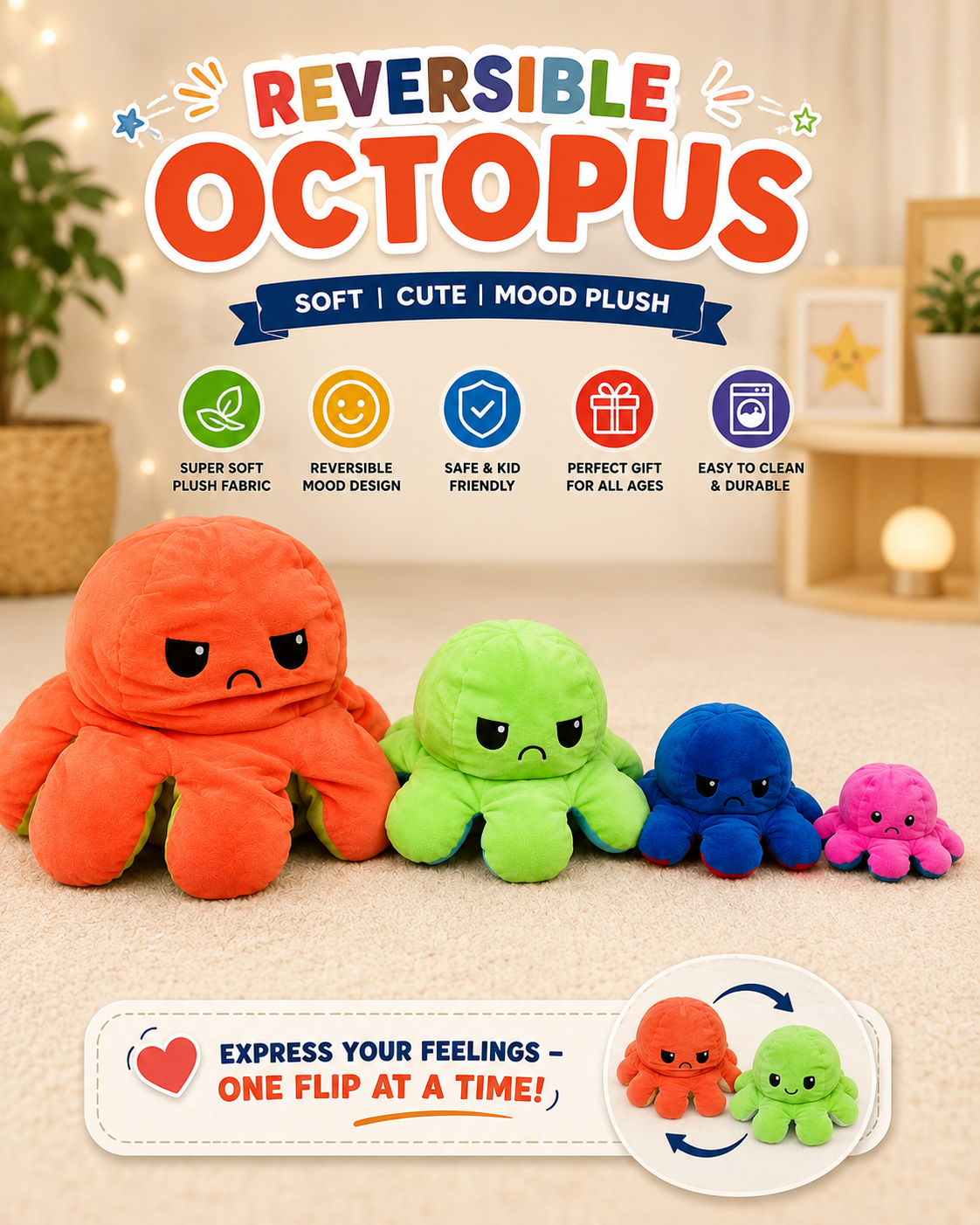 Reversible Octopus Plush Toy | Flip Mood Soft Stuffed Animal | Cute Double-Sided Emotion Plush | Random Color | Small Medium Large Jumbo