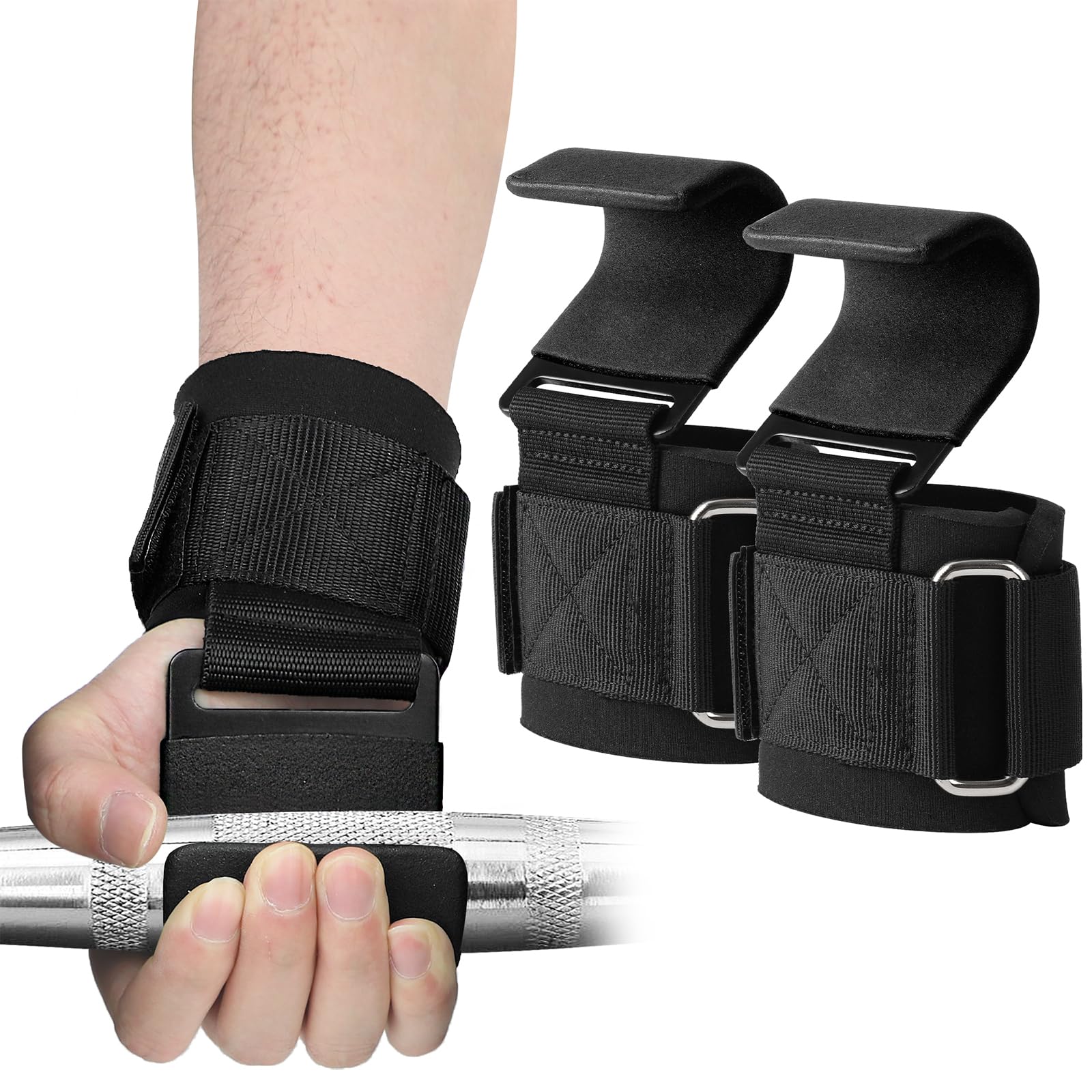 Premium Quality Heavy Duty Weight Lifting Hooks (1 Pair), For Bodybuilding & Power Lifting Hand Grip Wrist Straps for Men and Women, Deadlift, Powerlifting, Pull up bar, Liftups, Workout Pads with Built in Adjustable Wrist Support Wraps