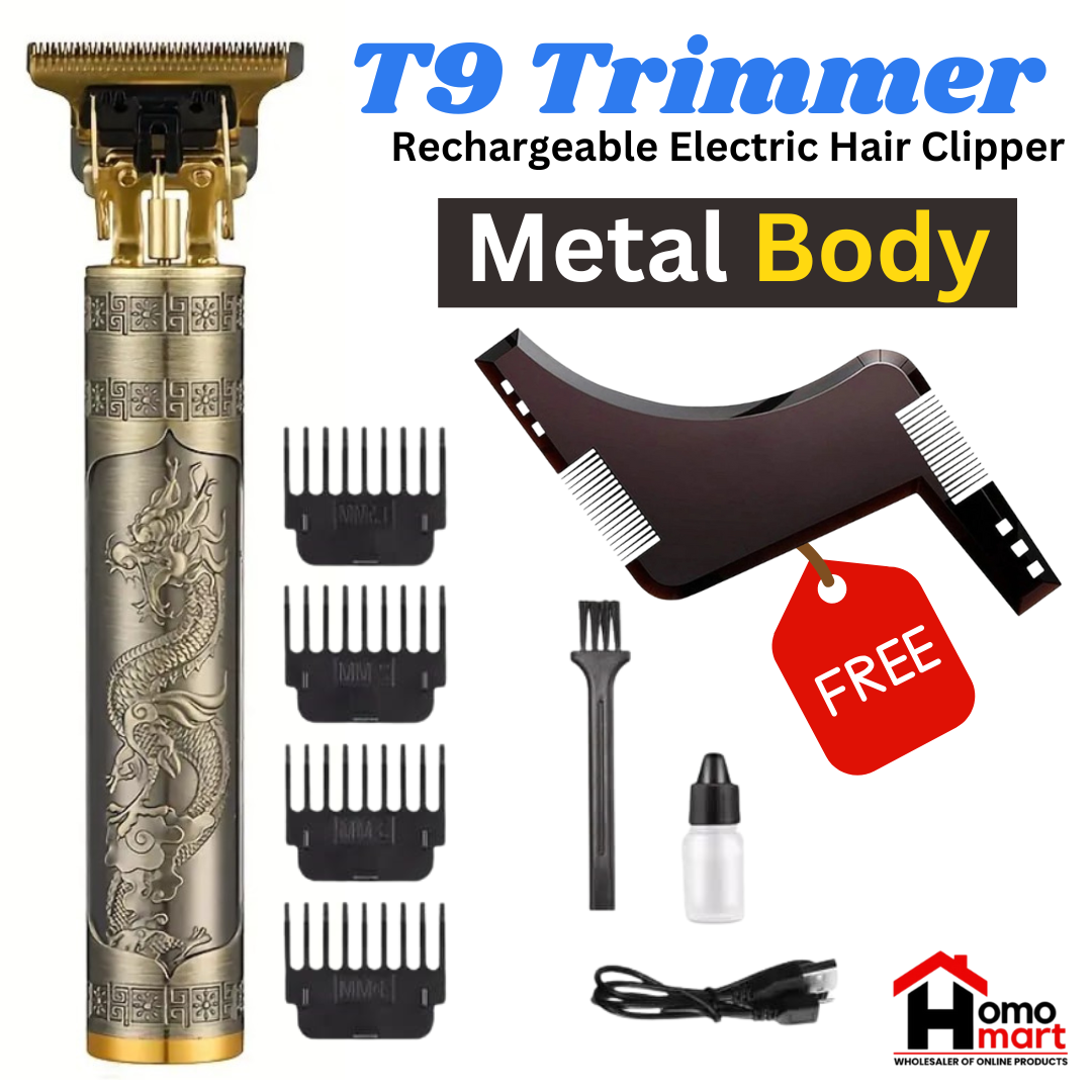 PROFESSIONAL VINTAGE DRAGON STYLE TRIMMER FOR MEN T9 HAIR TRIMMER AND CLIPPER,USB RECHARGEABLE T9 HAIR TRIMMER,SHAVING MACHINE FOR MEN,MEN HAIR REMOVING MACHINE,GROOMING KIT FOR MEN,T9 T-SHAPED BLADE WITH 0mm GAPED.