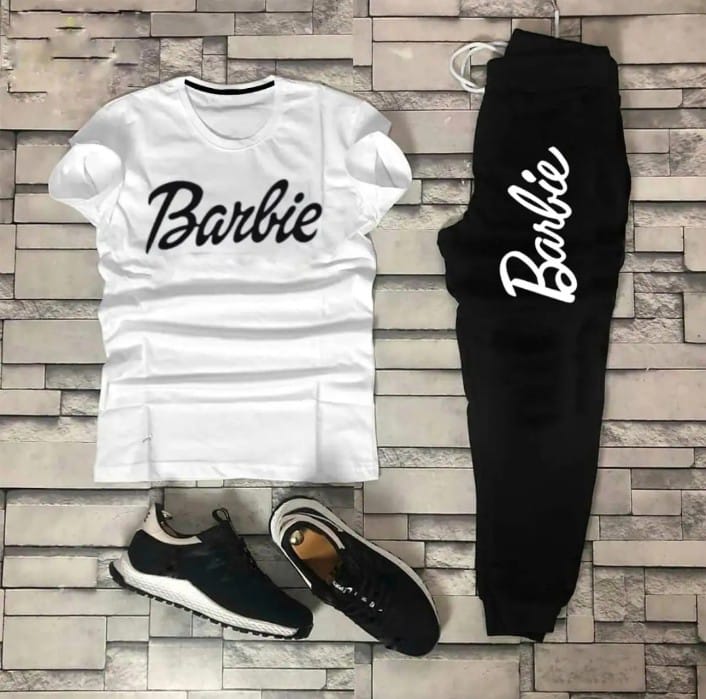 Trendy BARBIE Tag Printed Summer Tracksuit For Women & Girls Tee-shirt with trousers New Design Round Neck Half Sleeves T Shirts Top Quality Gym Wear/Casual and comfortable Pair T-Shirt and Trouser