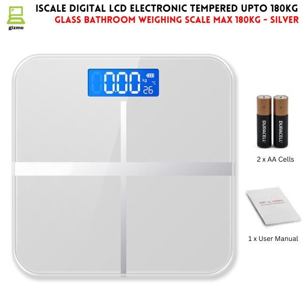 Upto 180kg iScale Rechargeable Weight Machine - 8mm Tempered Glass - Digital Heavy Duty Electronic Weighing Scale with Dual LED Display - Heavy Electric Weight Machine With Durable Steel Quality - For Home & Personal Use - Black//Blue/Silver