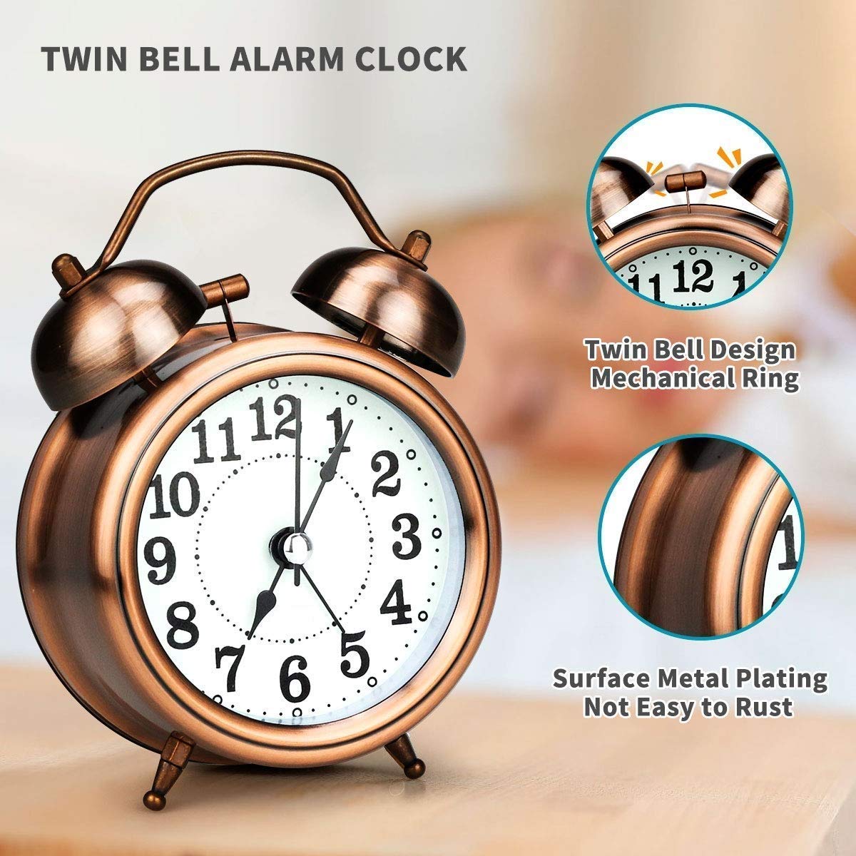 Vintage Twin Bell Analog Table Alarm Clock with Night LED Display