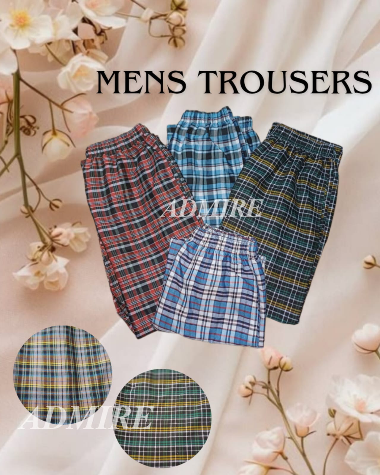 Mens Trousers adjustable casual cotton trouser check print pants with pockets