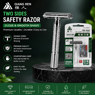 Qiang Ren Double Edge Safety Razor for Men & Women, Stainless Steel Reusable Manual Shaving Razor with 1 Premium Double Edge Blade, Classic Wet Shave Grooming Tool, Durable Anti-Slip Handle, Smooth & Comfortable Daily Beard & Body Hair Removal