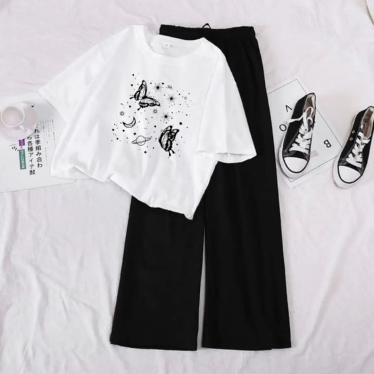 Summer High Quality White Printed Crop top and Black Flapper Suit