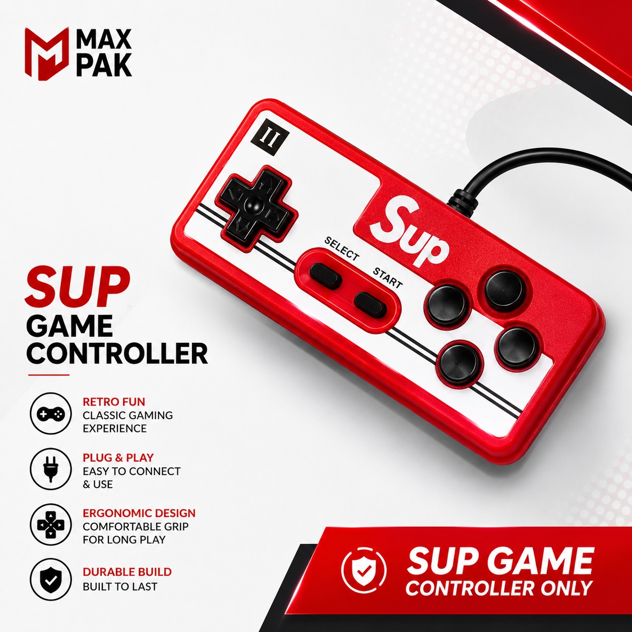 SUP Game Controller - Only Controller/Joystick for 400 in 1 Handheld Gaming Console - Wired Extra Controller Gamepad for SUP Retro Game Box - Red
