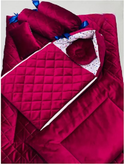 High Quality Super Velvet Baby Set Complete Baby Bed 7 Pcs Set - Including 1 Mattress 1 Quilt / Comforter 1 Sleeping Bag / Carry Nest 1 Head shaper Pillow 1 Normal Pillow and 2 Cushions - Baby Bistar Gaddi Sleeping Bag Bed Gift Best for By Just Born