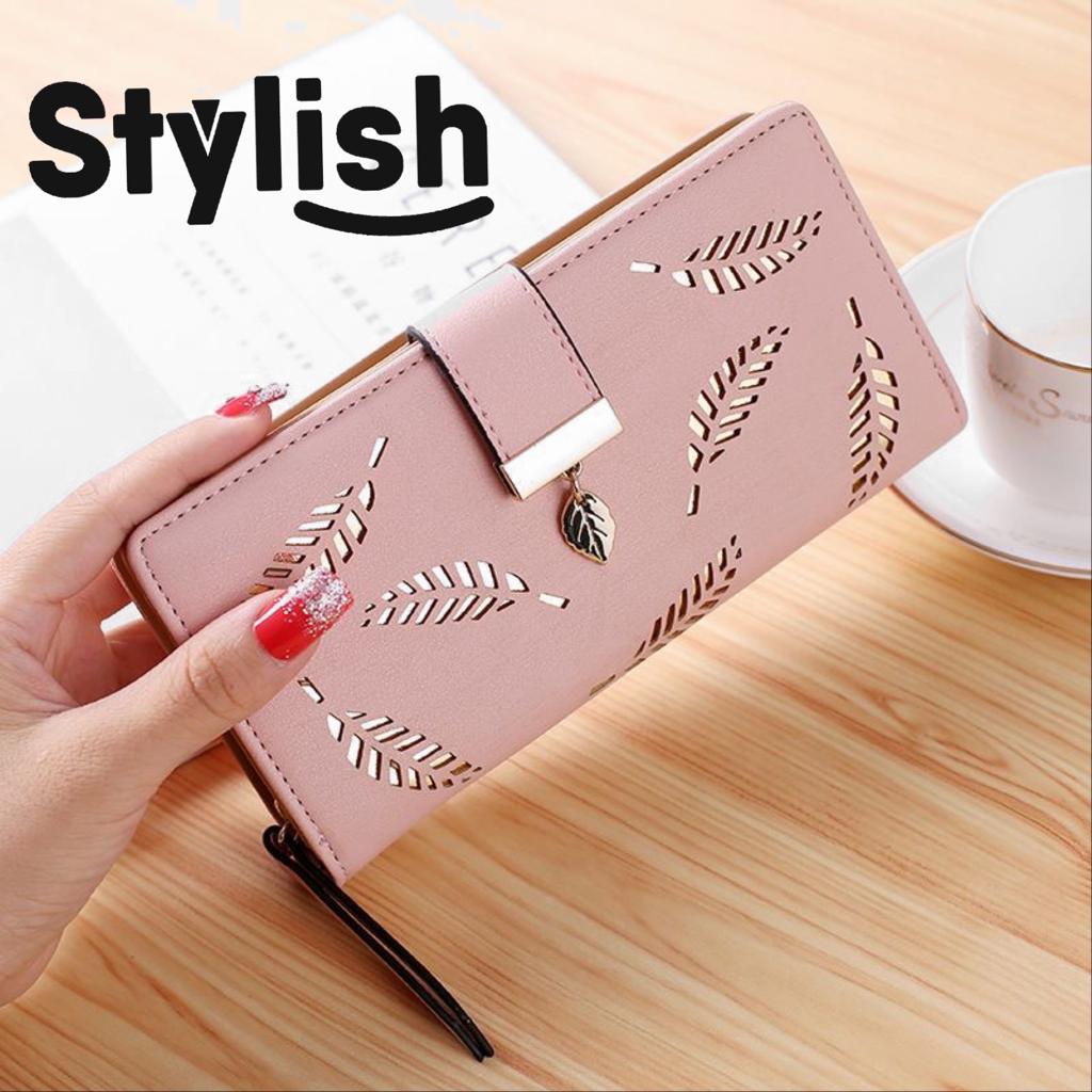 Purse for Women – All-Season PU Leather Long Hasp Fold-Over Clutch with Hollow Leaf Pattern & Coin Pocket