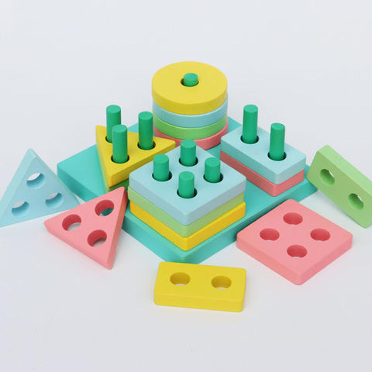Lewo Wooden Puzzle Toddler Toys Shapes Sorter Preschool Geometric Blocks Stacking Games for Kids Geometric Shape Sorter