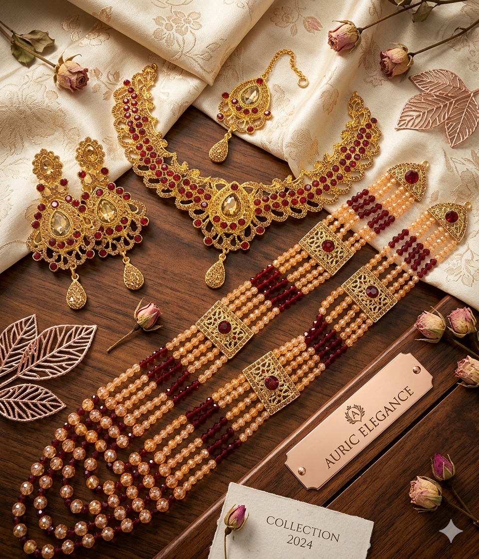 Golden Crystal Girls nagina jadao Medium  badam style set with ear rings with tika  with tika Jewellery  Set For Women Trendy Fashion long lasting polish 00101
