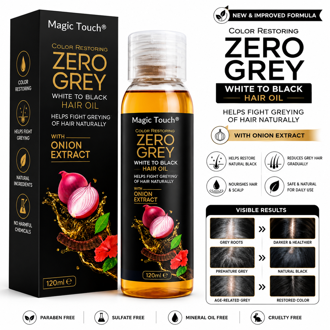Magic Touch Zero Grey Hair Oil 120ml | White to Black Natural Color Restoring| Anti Grey Hair Serum for Hair & Beard| Men & Women