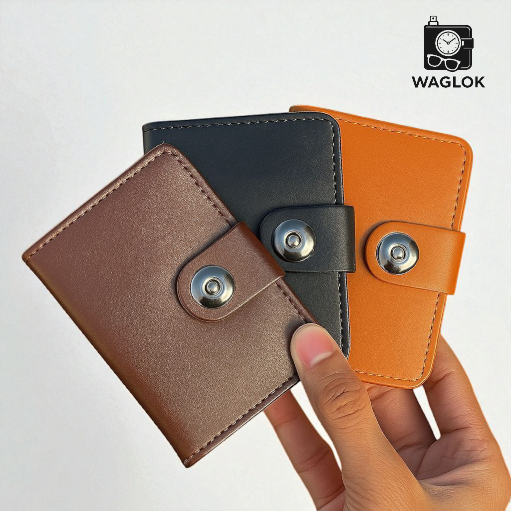 Magnetic Button Cow Leather Slim Wallet, 4 Card Slots, 1 Cash Pocket, 1 Window Card Slot