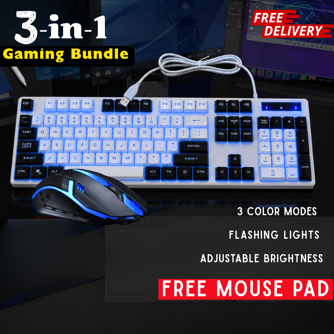 Fire Wolf 3-in-1 Wired RGB Gaming Combo: Backlit Keyboard with FN Shortcuts - Mouse & Mouse Pad Set for PC/Laptop (Black and White) 104 keys - By Techzone