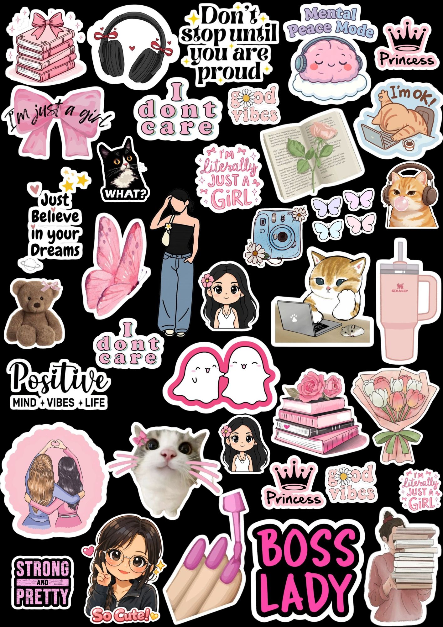 Mega Pack of 40+ Pink Aesthetic Uncut Stickers - Cute Motivational & Girl Power Stickers for Laptop, Mobile, Journal & Scrapbook