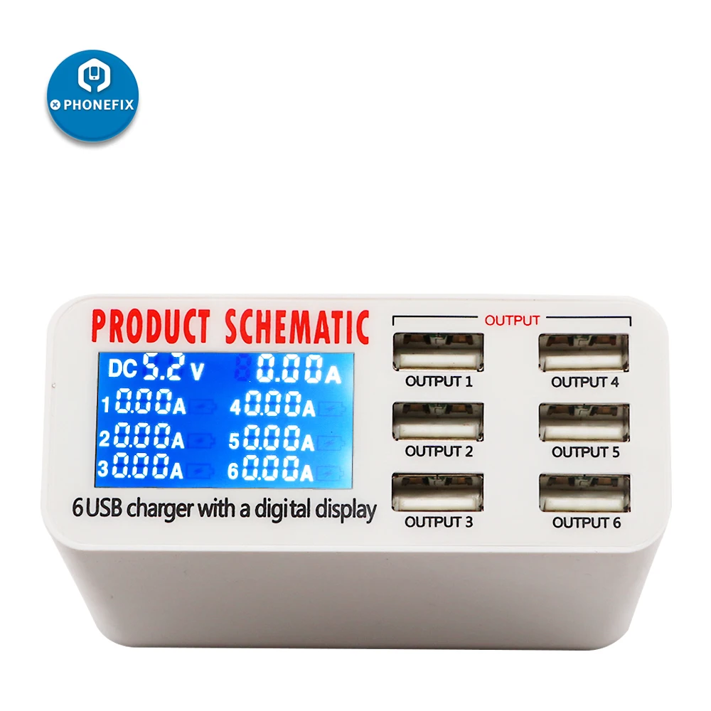 6 Ports USB Smart Phone Charger Individual Screen Display Voltage and Current Multiplexed Universal Fast Charging Head