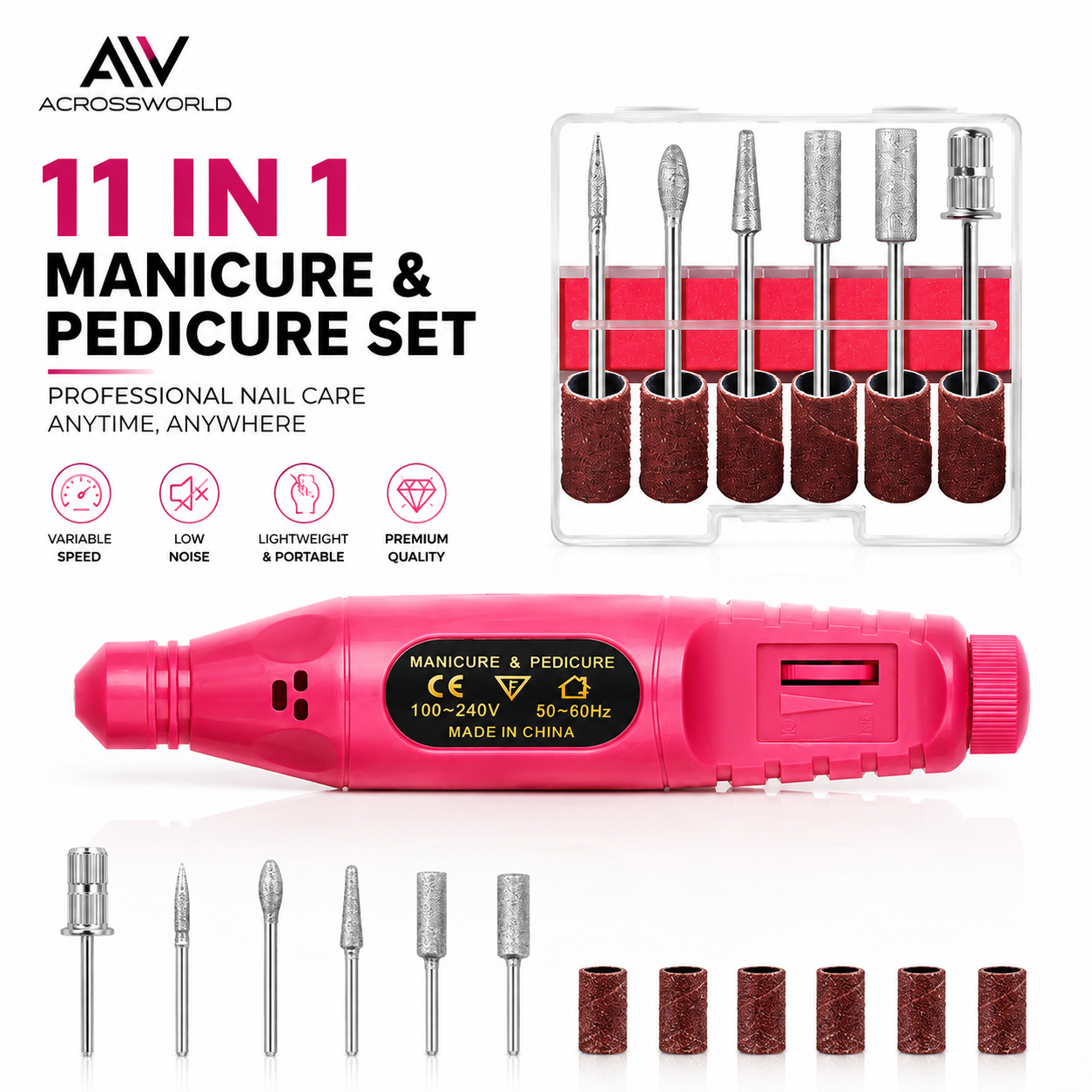 ACROSSWORLD Professional Electric Nail Drill Machine | Premium 6-Speed Nail Grinder for Gel, Acrylic & Nail Polish Removal | Manicure & Pedicure Kit