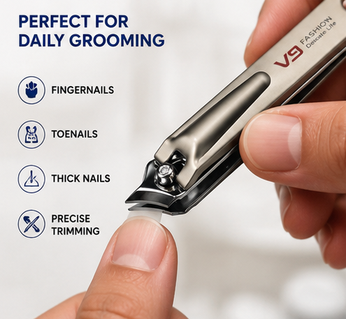V9 Professional Stainless Steel Nail Clipper with Sharp Curved Cutting Edge | Heavy Duty Nail Cutter for Thick Nails | Ergonomic Comfortable Grip | Rust Resistant Precision Nail Trimmer for Men, Women & Seniors | Single Piece Grooming Tool
