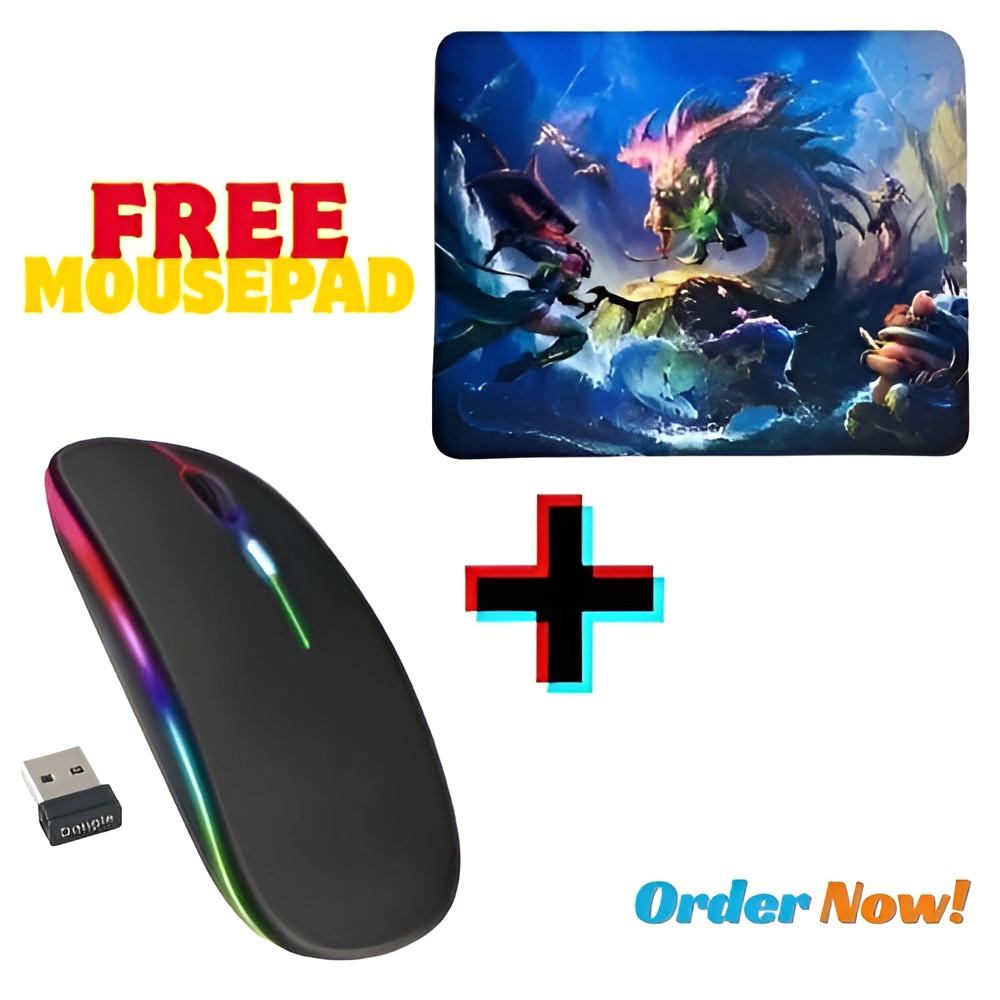 Rechargeable Bluetooth Wireless Dual Mode RGB Silent Click Mouse - RGB Mouse / Mouse with Dragon Mousepad / Mouse with Logitech Mousepad - 7 Colors - High Performance with 7 LED Lights