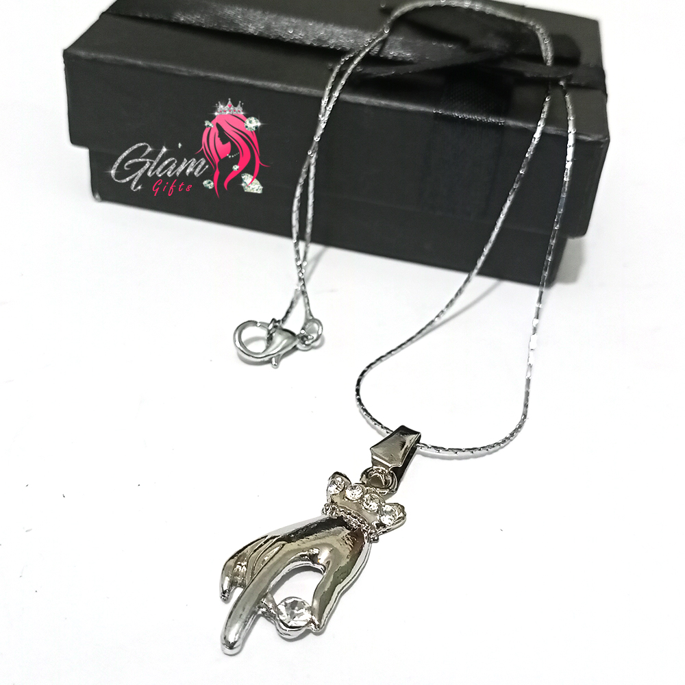 Female Hand with Stone Silver Pendant Necklace Embellished with crystals-Gift Box Included