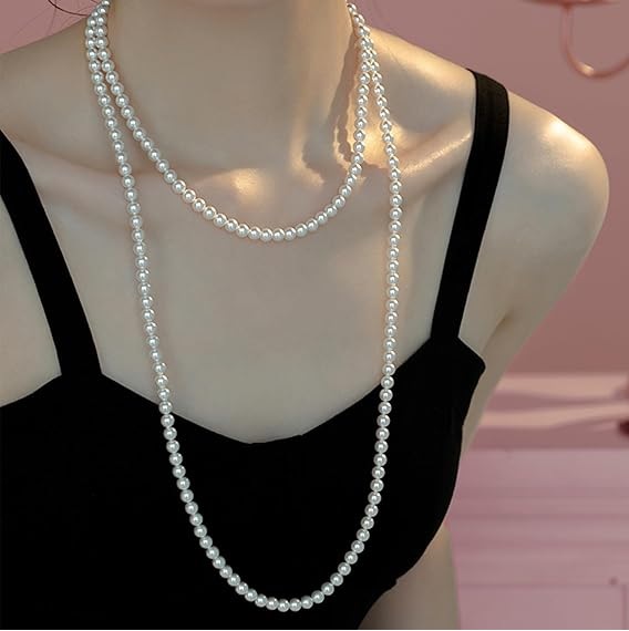 Elegant Women Lady White Artificial Pearls Long Sweater Chain Necklace