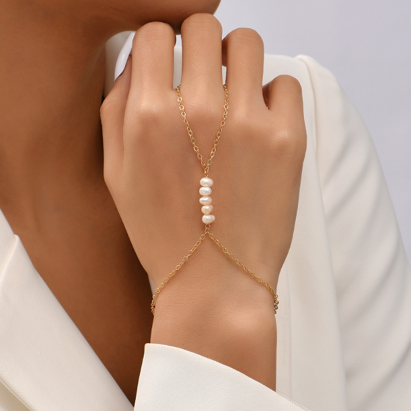 Charm Pearl Beads Connected Finger Bracelet Female Metal Hand Harness Chain Ring Fashion Jewelry