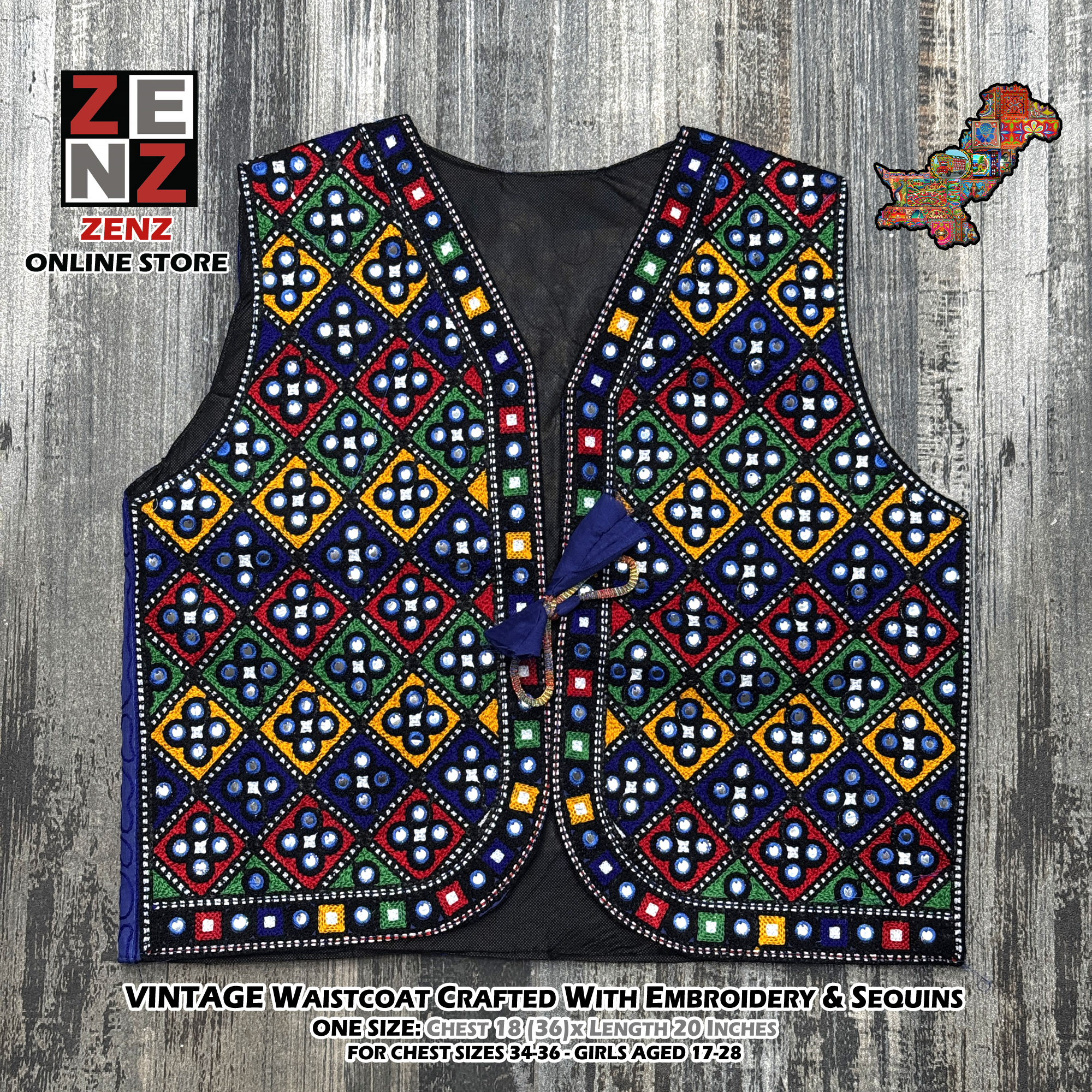 Pakistani Sindhi Balochi Kashmiri Traditional & Cultural Wear Waistcoat Koti Embroidered Zenz Multicoloured Embroidery for Girls & Women