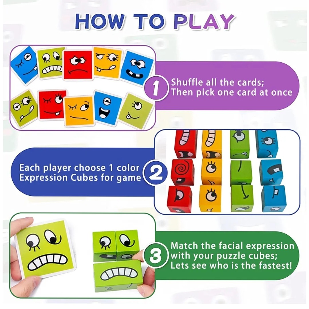 Popular Montessori Wooden Crazy Face Puzzle Game With Bell Educational Face Changing Cube Card Game