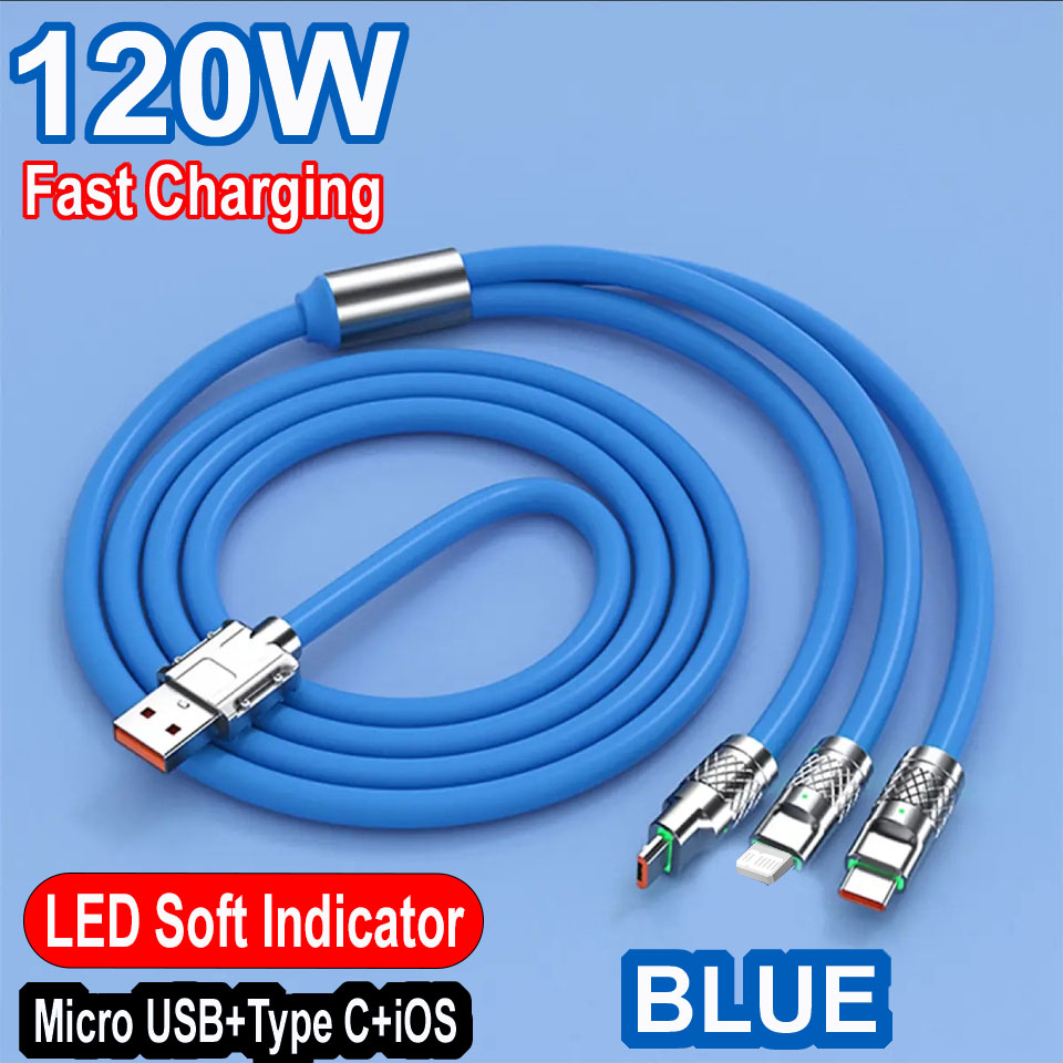 3 in 1 120W Type C Micro USB iOS Data Cable Fast Charging Liquid Silicon Universal for All Smartphones 1.2m