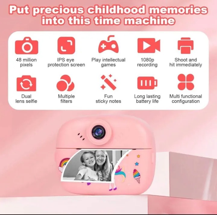 Instant Print Camera for Kids with Flipped Lens Zero Ink Kids Camera Digital Camera with 1 Rolls Print