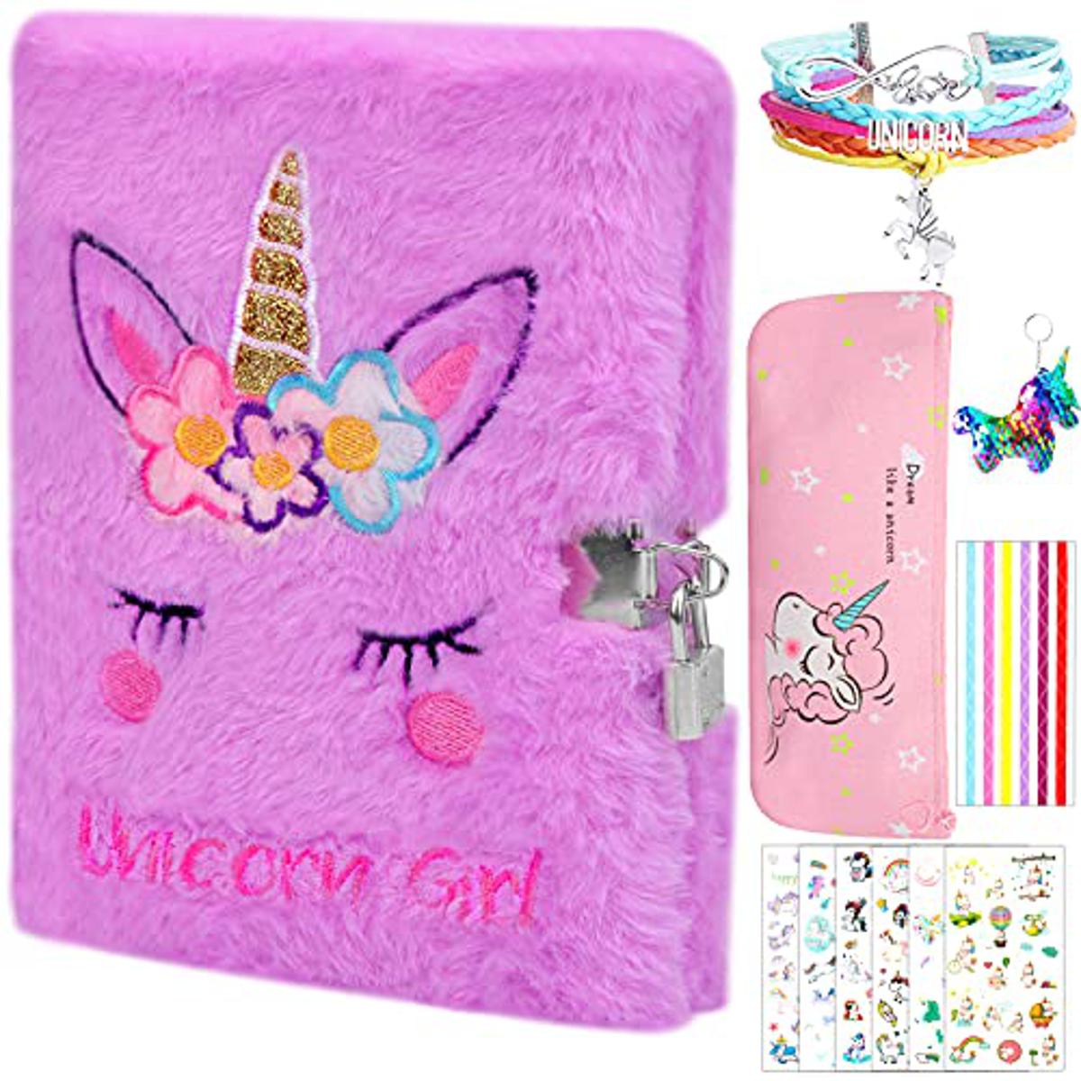 Unicorn Diary Set With Lock - Plush Journal With Pom-Pom Pen & Keychain For Girls Ages 5-12