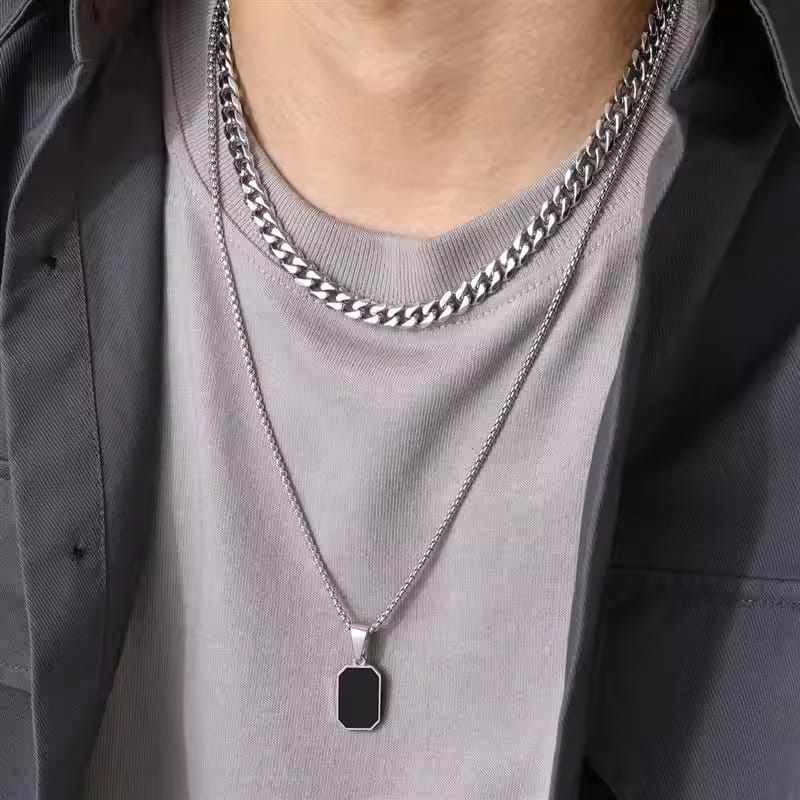 Fashion Square Pendant Necklace For Men Two-layer Stainless Steel Punk Hip Hop Necklace Casual Cuban Chain Male Jewelry Gift