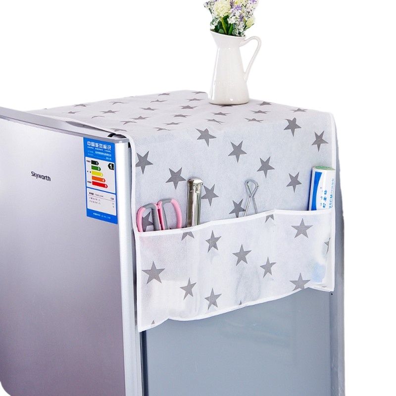 Fridge Cover with Pockets Printed Fridge Dust Cover Waterproof Refrigerator Dustproof Cover Household Freezer Top Hanging Bag Fridge Storage Bag Appliance Protector Organizer Top Cover