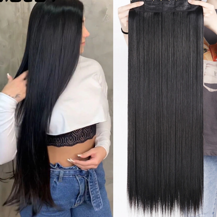 Hair Extensions For Girls - Premium Quality (Natural Black) HT2 - 5 Clips Extension