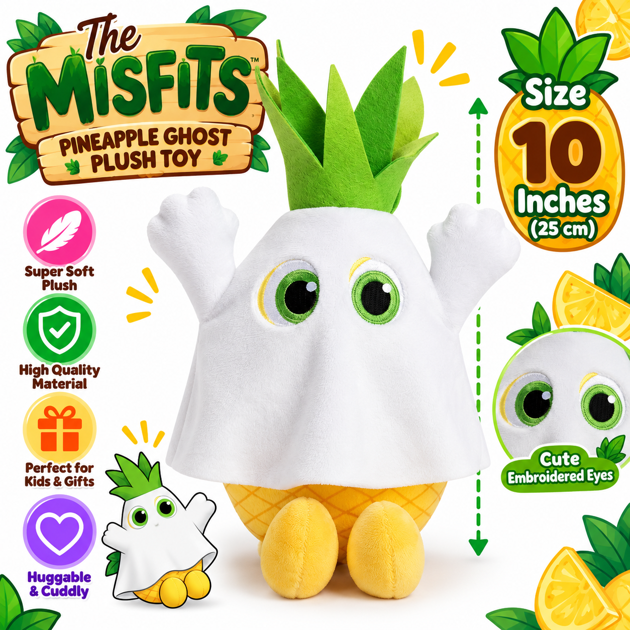 The Misfits Pineapple Ghost Plush Toy 10 Inches | Cute White Ghost Stuffed Doll with Green Pineapple Leaves | Soft Cuddly Cartoon Character Plush | Unique Halloween Toy | Birthday Gift for Kids & Collectors